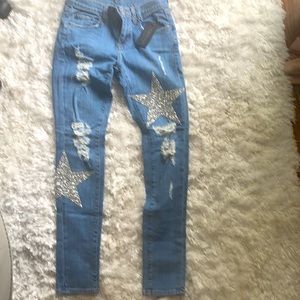 Carmar stretch jeans with glitter star patches